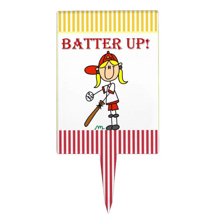 Red Text Batter Up Girls Softball Shirts and Gifts Rectangle Cake Picks