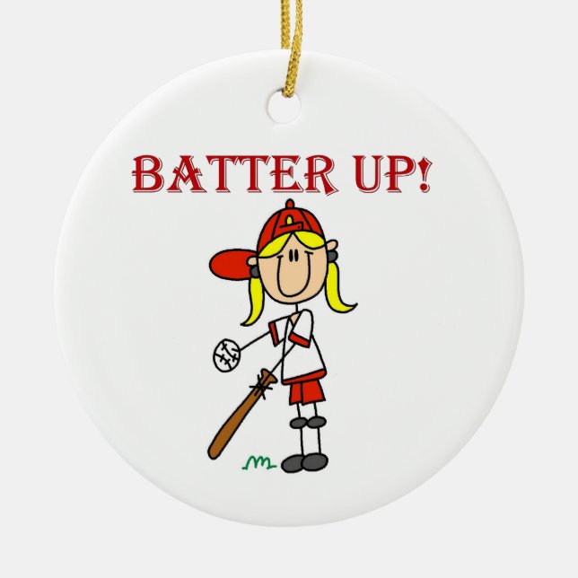 Red Text Batter Up Girls Softball Shirts and Gifts Ceramic Ornament (Front)