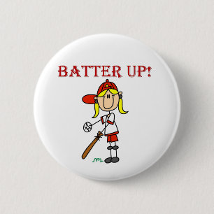 Red Text Batter Up Girls Softball Shirts and Gifts Pinback Button