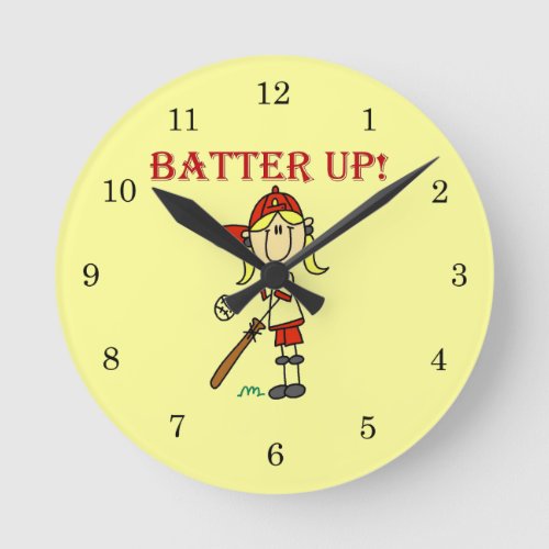 Red Text Batter Up Girls Softball Shirts and Gifts Round Clock