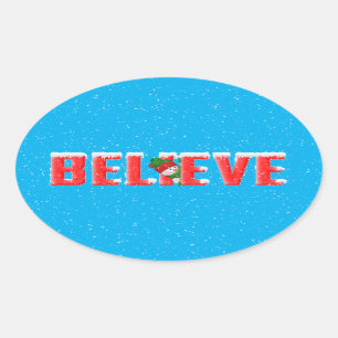 Red text BELIEVE with snowman Oval Sticker