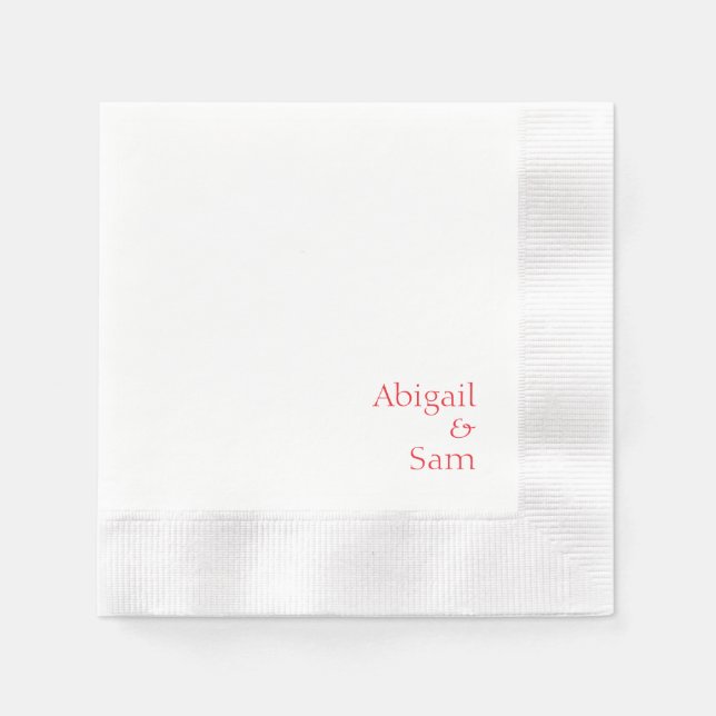 Red Text Personalized White Coined Wedding  Napkins (Front)
