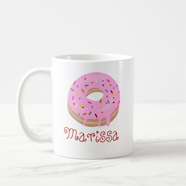 Red Text Pink Sprinkled Donut and Name Coffee Mug (Left)