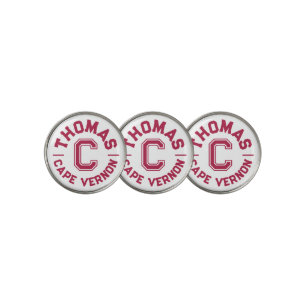 Red text sports custom monogram name and team golf ball marker