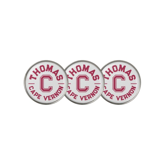 Red text sports custom monogram name and team  golf ball marker (3 Up)