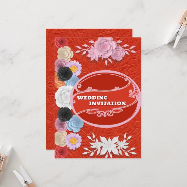 Red Texture Floral Islamic Wedding Invitation (Front/Back In Situ)