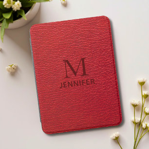 Red Textured Leather Look Monogram Name Kindle Cover