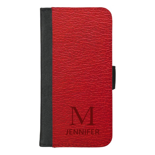Red Textured Leather Monogram Name iPhone Wallet Case (Front)