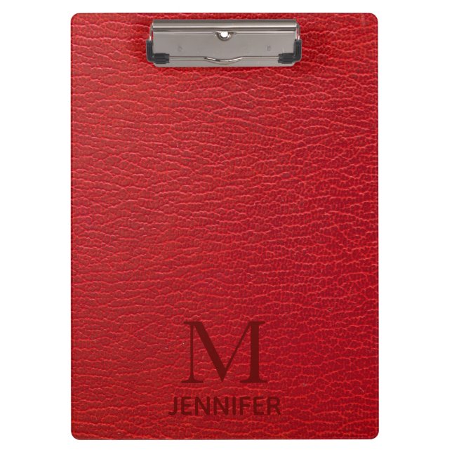 Red Textured Leather Monogram Personalized Name Clipboard (Front)