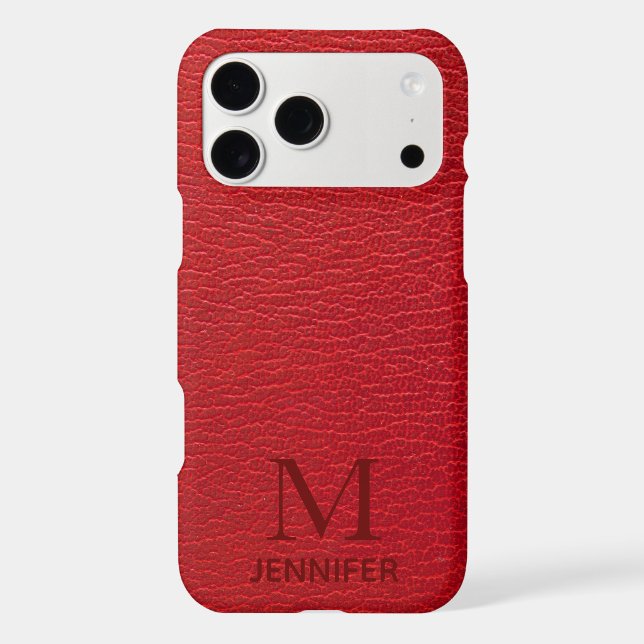 Red Textured Leather Monogram Personalized Name Iphone Case (Back)