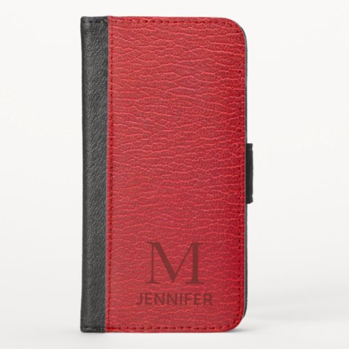 Red Textured Leather Monogram Personalized Name iPhone X Wallet Case