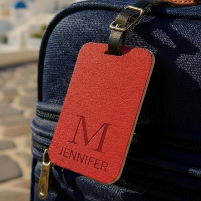 Red Textured Leather Monogram Personalized Name Luggage Tag (Creator Uploaded)