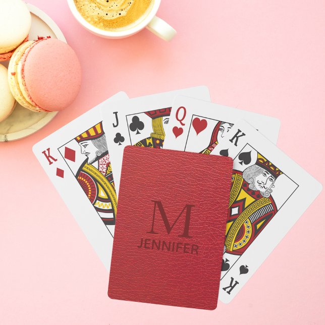 Red Textured Leather Monogram Personalized Name Poker Cards (Creator Uploaded)