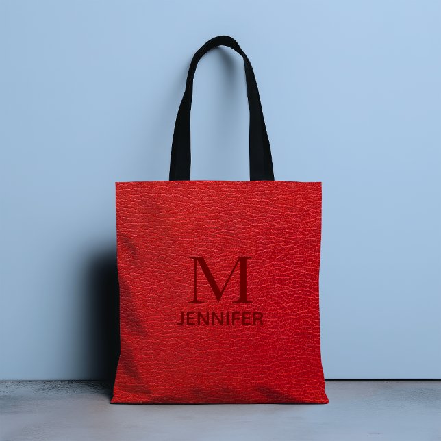 Red Textured Leather Monogram Personalized Name Tote Bag (Creator Uploaded)
