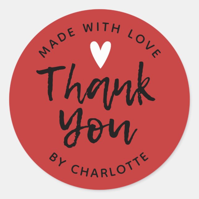 Red Thank You Made With Love Classic Round Sticker (Front)