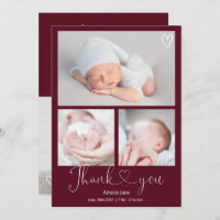 Red thank you script heart 4 photos baby birth announcement
