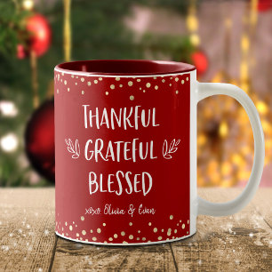 Red Thankful Grateful Blessed Modern Gold Confetti Two-Tone Coffee Mug