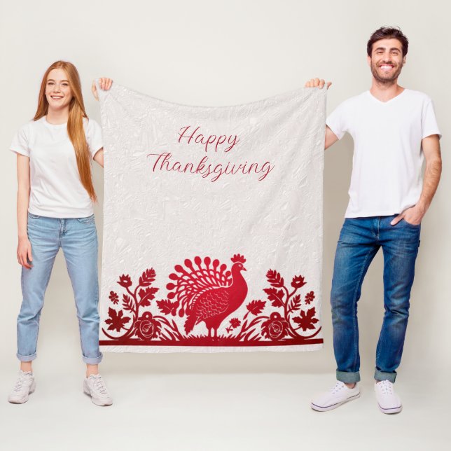 Red Thanksgiving Turkey Floral Fleece Blanket (In Situ)
