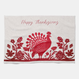 Red Thanksgiving Turkey Floral Kitchen Towel