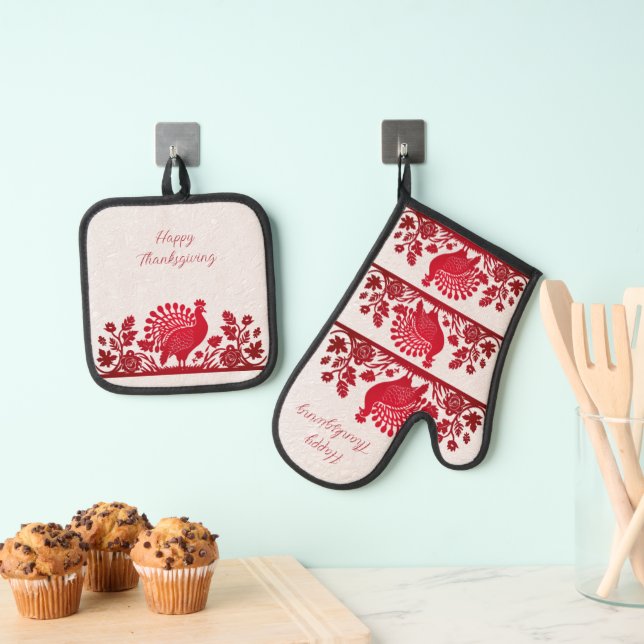 Red Thanksgiving Turkey Floral Oven Mitt & Pot Holder Set (Insitu(Hanging))