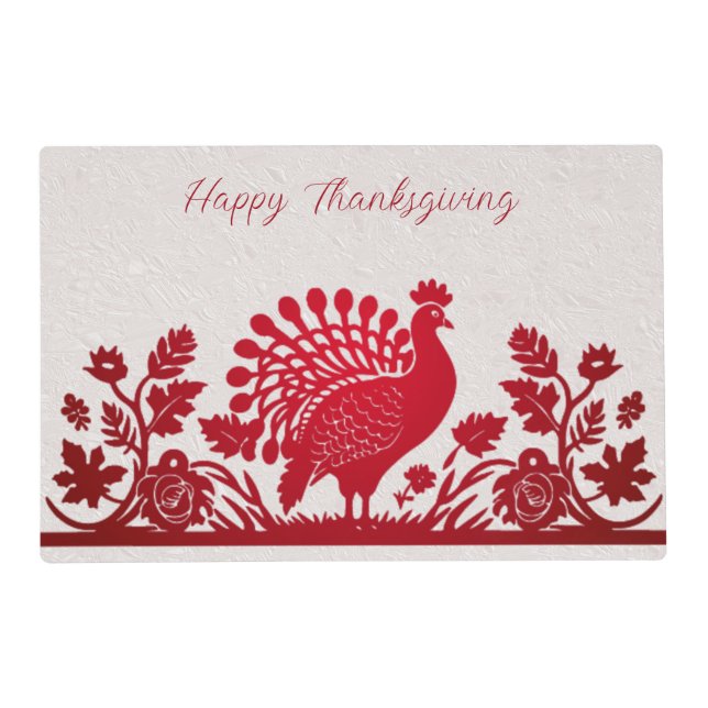 Red Thanksgiving Turkey Floral Paper Placemat (Front)