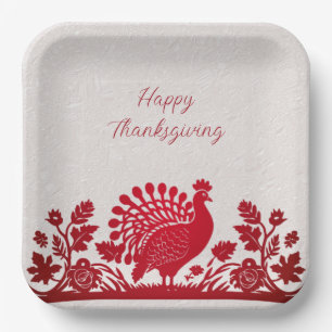 Red Thanksgiving Turkey Floral Paper Plate