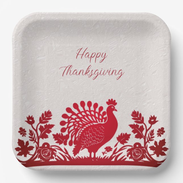 Red Thanksgiving Turkey Floral Paper Plate (Front)