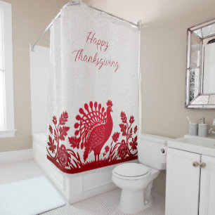 Red Thanksgiving Turkey Floral Shower Curtain
