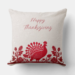 Red Thanksgiving Turkey Floral Throw Pillow