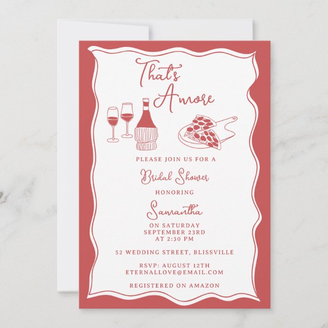 Red That's Amore Italian Pizza Wine Bridal Shower Invitation (Front)