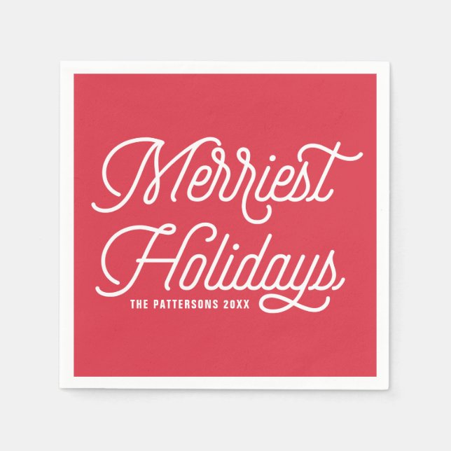 Red The Merriest Holidays Modern Christmas Paper Napkins (Front)