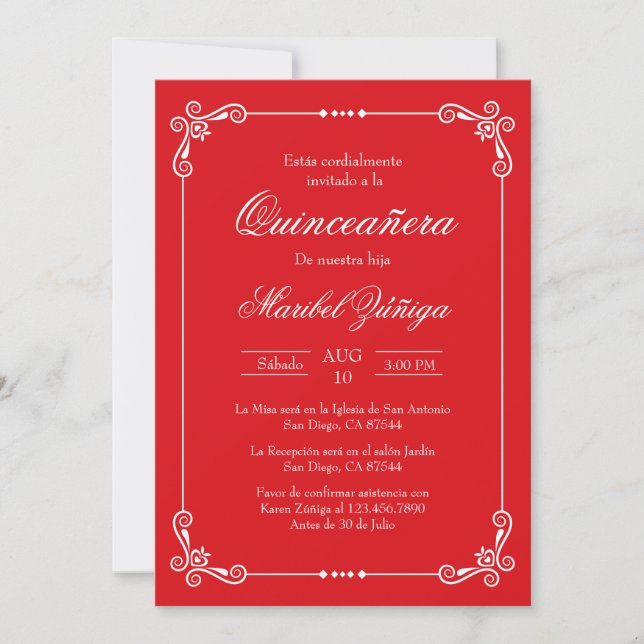 Red theme quinceañera  invitation (Front)