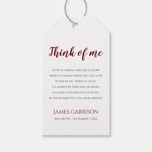 Red Think Of Me Celebration of Life Candle Favor Gift Tags