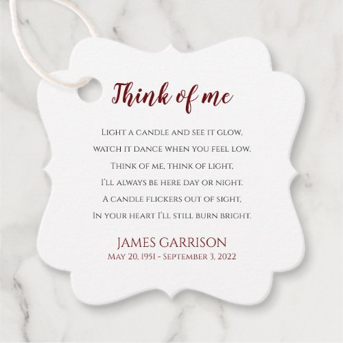 Red Think Of Me Celebration of Life Candle Favor Tags