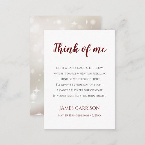 Red Think Of Me Celebration of Life Candle Place Card