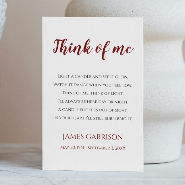 Red Think Of Me Celebration of Life Candle Place Card (Creator Uploaded)