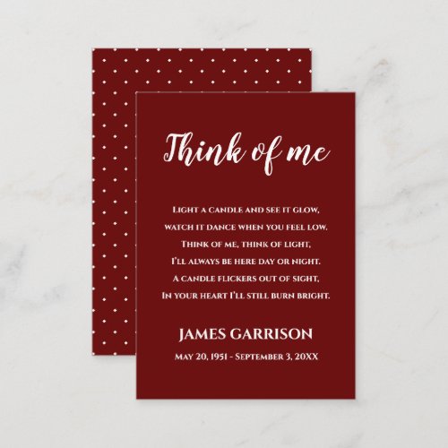 Red Think Of Me Celebration of Life Candle Place Card
