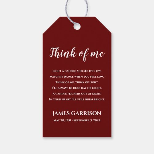 Red Think Of Me Celebration of Life Memorial Gift Tags