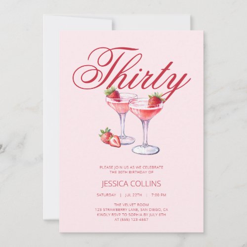 Red Thirty Strawberry Cocktail 30th Birthday Party Invitation