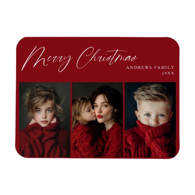Red Three photo Christmas Holiday Design Magnet (Horizontal)