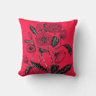 Red Throw Pillow with Poppies - Choose Color