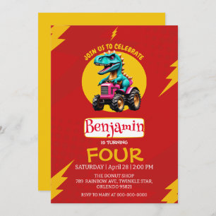 RED thunder Cute dinosaur Farmer truck Birthday Invitation