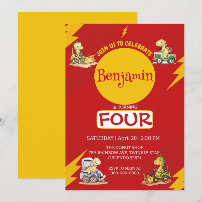 RED thunder Cute dinosaur tractor School Birthday  Invitation (Front/Back)