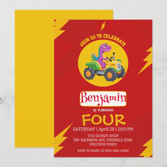 RED thunder Cute dinosaur truck School Birthday  Invitation (Front/Back)