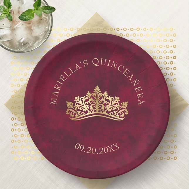 Red Tiara Crown Elegant Quinceanera Paper Plates (Creator Uploaded)