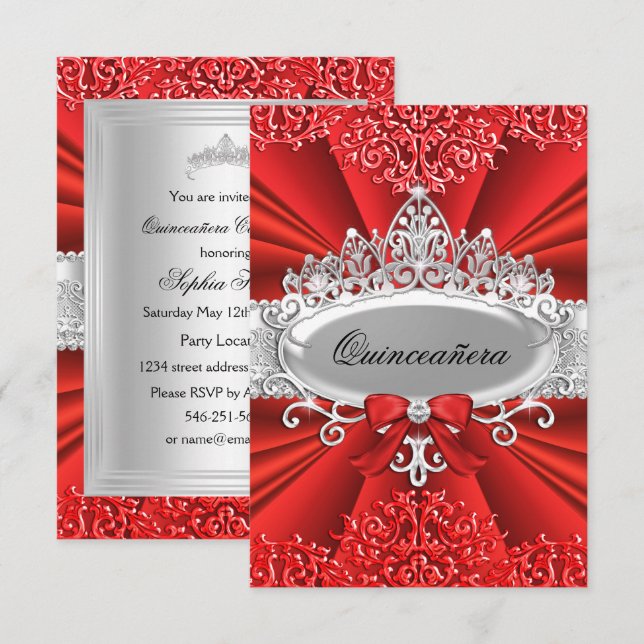 Red Tiara & Damask Quinceanera Invite (Front/Back)