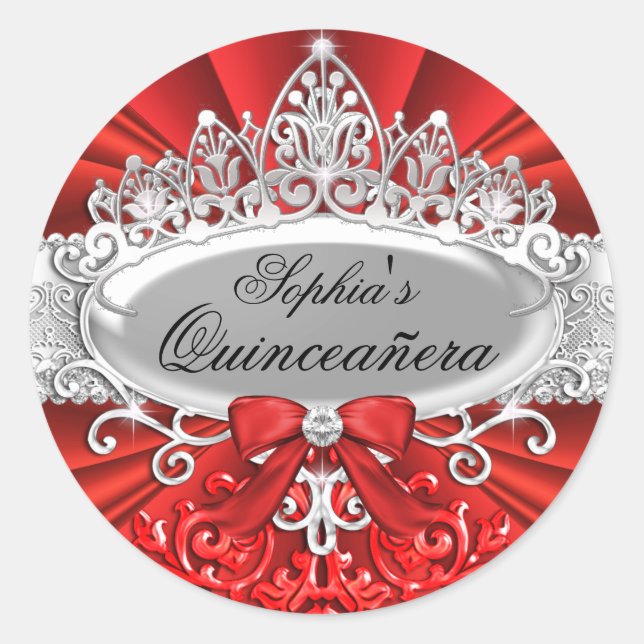 Red Tiara & Damask Quinceanera Sticker (Front)