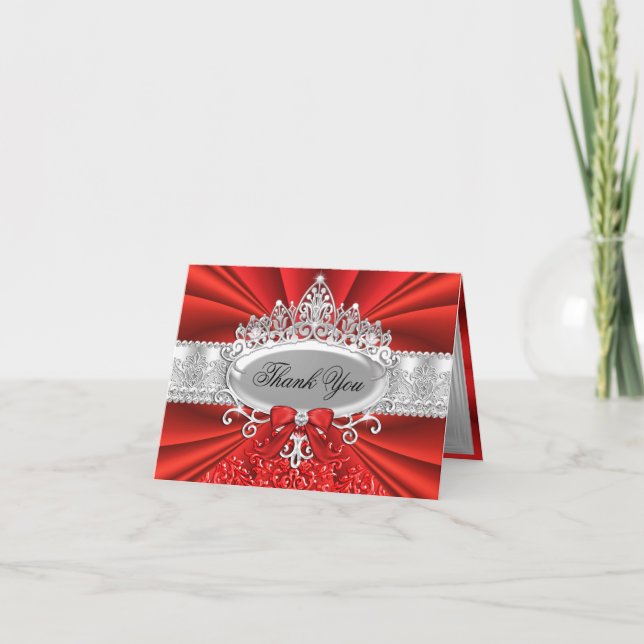 Red Tiara & Damask Thank You Card (Front)