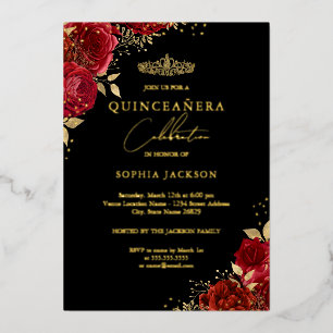 Red Tiara Floral Gold Quinceanera Foil Invitation
