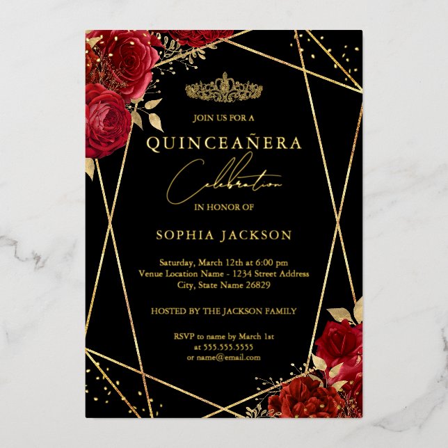 Red Tiara Floral Gold Quinceanera Modern  Foil Invitation (Front)
